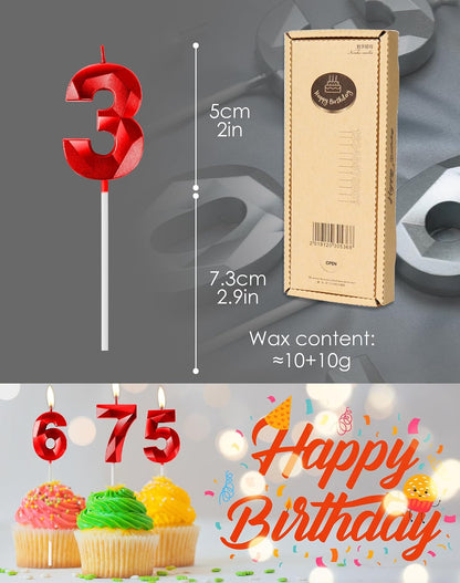 Red Birthday Candles for Cake, Number 10 Candle for 10Th Birthday Decorations, 3D Design Cake Topper Decorations for Boy Girl Women Men Birthday Theme Party Anniversary Celebration Supplies7