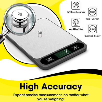 Food Scale, 10Kg/22Lb Digital Kitchen Scale Weight Grams and Ounces for Baking Cooking Coffee Package Postage, 6 Units with Tare Function, LCD Display, Easy Clean Stainless Steel6