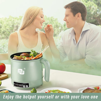 Smart Mini Hot Pot with Timer and Automatic Shut off 1.2L Non-Stick Rapid Noodle Cooker W Stainless Steel Steamer Basket 600W Quick Cook 5 Cooking Modes for Soup, Rice (1Cup) , Porridge, Pasta Great for 1-2 Persons (Green)5
