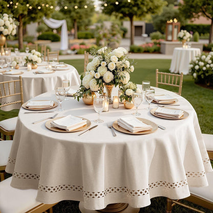 Beige 60 Inch round Linen Tablecloth with Decorative Cutouts | Waterproof Stain Resistant & Shrink-Proof Table Cloth, Farmhouse Style, for Dining Wedding Kitchen Party Outdoor8