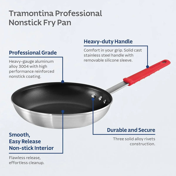 Tramontina Professional nonstick fry pan with heavy-duty red handle and aluminum construction.3