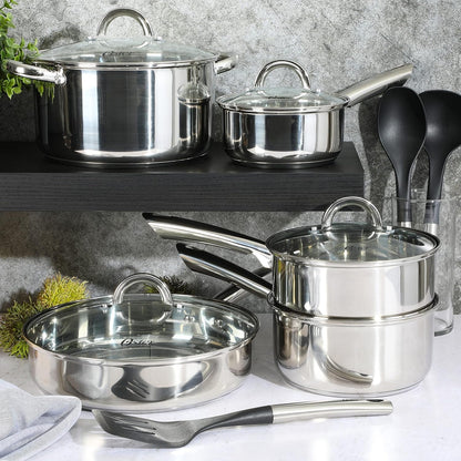 Oster Sangerfield 12-Piece Stainless Steel Cookware Set with Kitchen Tools, Non-Stick Pots and Pans, Durable Oven Safe Cookware for Home Cooking3
