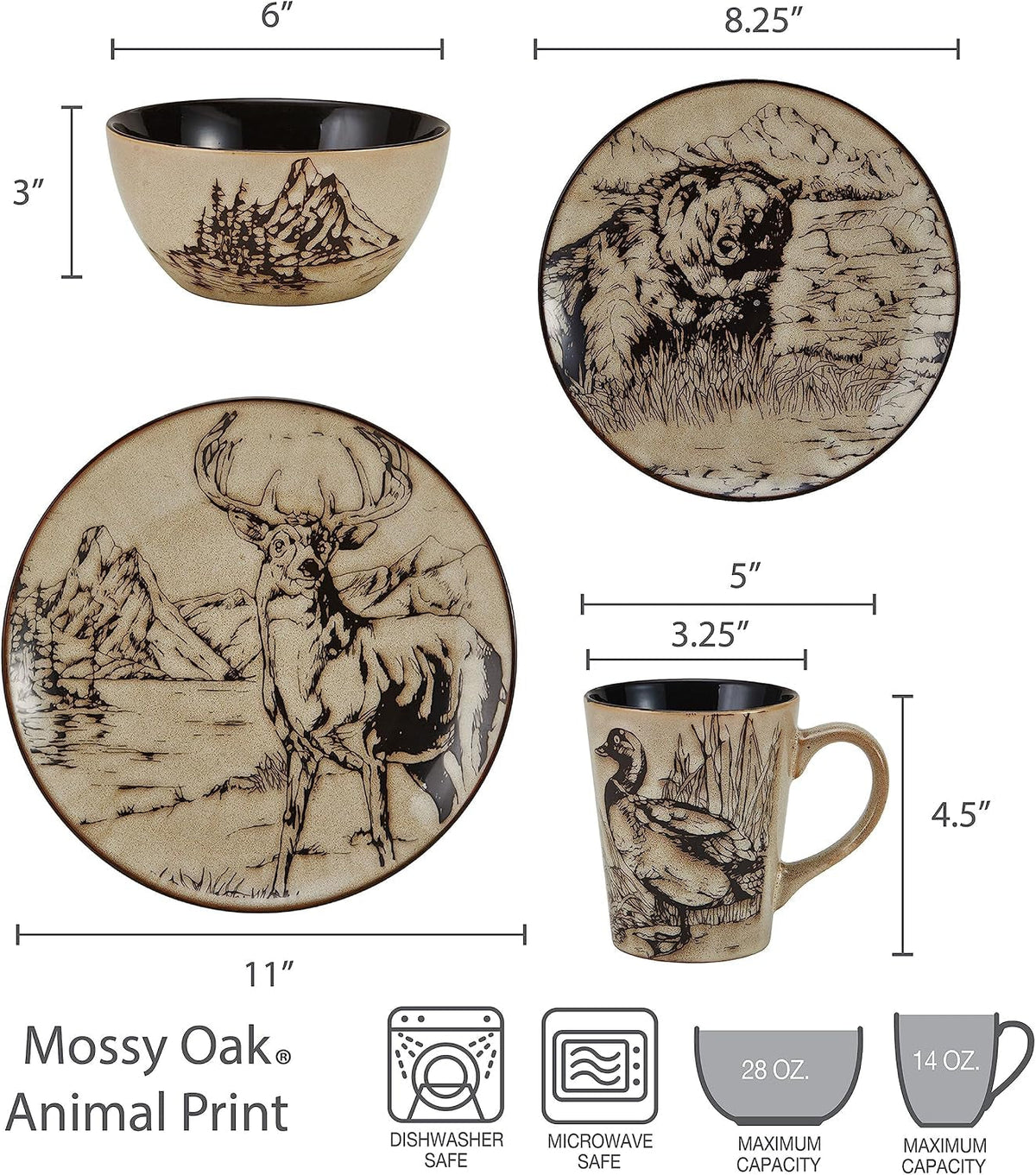 16-piece-stoneware-dinnerware-set-service-for-4-with-dinner-plates-salad-plates-bowls-and-mugs-lodge-style-wildlife-animal-sketch-design-dishwasher-and-microwave-safe