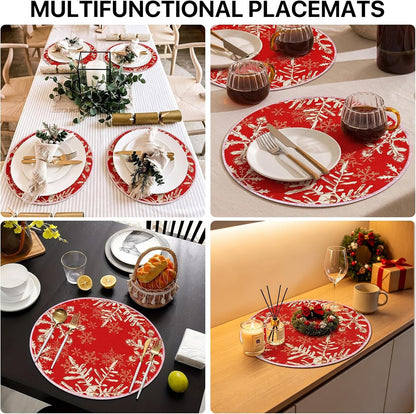 Christmas round Placemats Set of 4 Red Snowflakes Decorations7