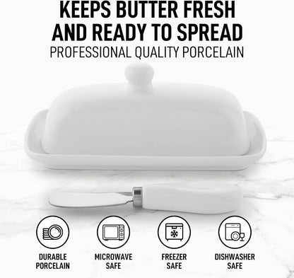 Ceramic Butter Dish with Lid for Countertop & Stainless Steel Knife – Keeps Butter Soft & Fresh – White Butter Dish with Easy-Grip Knob, Durable & Everyday Butter Holder for Home - White2