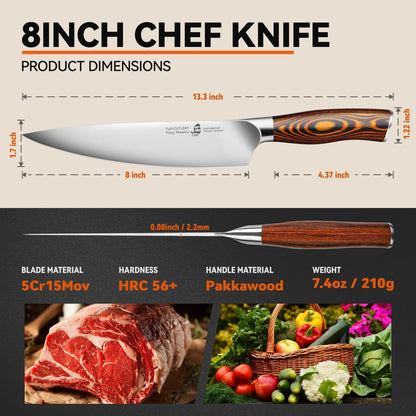 Chef Knife, 8 Inch Sharp Kitchen Knife with Pakkawood Handle, High Carbon Steel, Professional for Chopping & Dicing, Gift Box - Fiery Phoenix Series5
