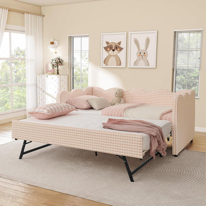 Twin Size Daybed with Pop up Trundle, Linen Gingham Twin to King Daybed with USB Ports, Upholstered Day Bed Frame, Modern Sofa Bed for Living Room/Bedroom/Guest Room, No Box Spring Needed, Pink7