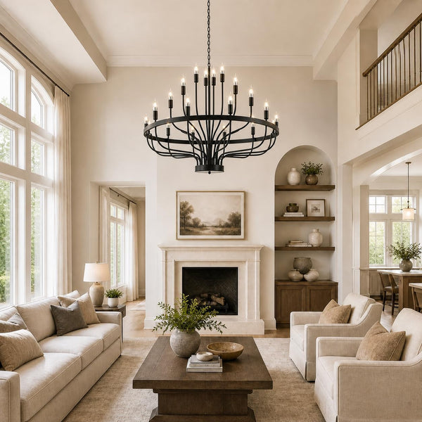 Large Black Wagon Wheel Chandelier 24-Light 39In for High Ceilings8