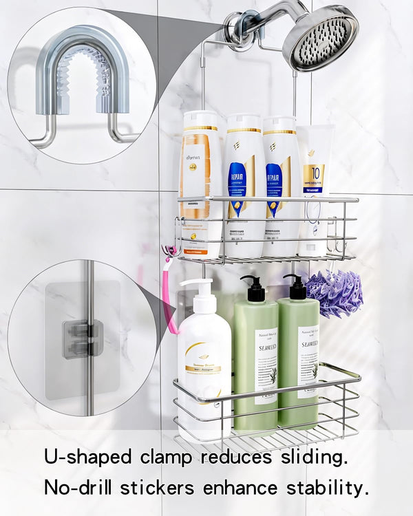 Hanging Shower Caddy, Stainless Steel, 2-Tier Bathroom Organizer Rack over Shower Head with 2 Hooks for Razor and Sponge4