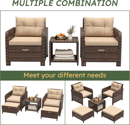 5 Piece Patio Furniture Set, PE Wicker Outdoor Furniture Set with Soft Cushions & Coffee Table, Outdoor Lounge Chairs with Ottoman for Porch, Lawn, Balcony, Khaki-Beige6