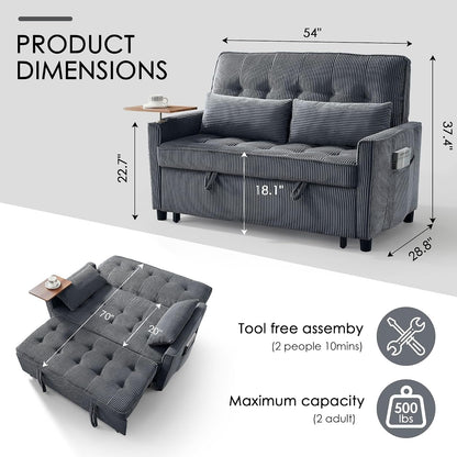 55'' Sleeper Sofa Bed, Convertible Pull Out Couch(Darkgrey)2