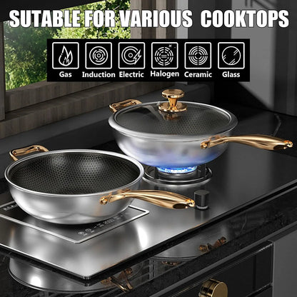 Wok Pan, Hybrid Nonstick Wok with Lid,Induction Non Stick Stainless Steel Large Deep Woks&Stir-Fry Pans,Stay-Cool Handle Skillets,Pfoa Free Cookware,With Lid,11.81In4