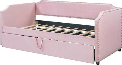 Multifunctional Upholstered Twin to King Daybed with Trundle, Pink7