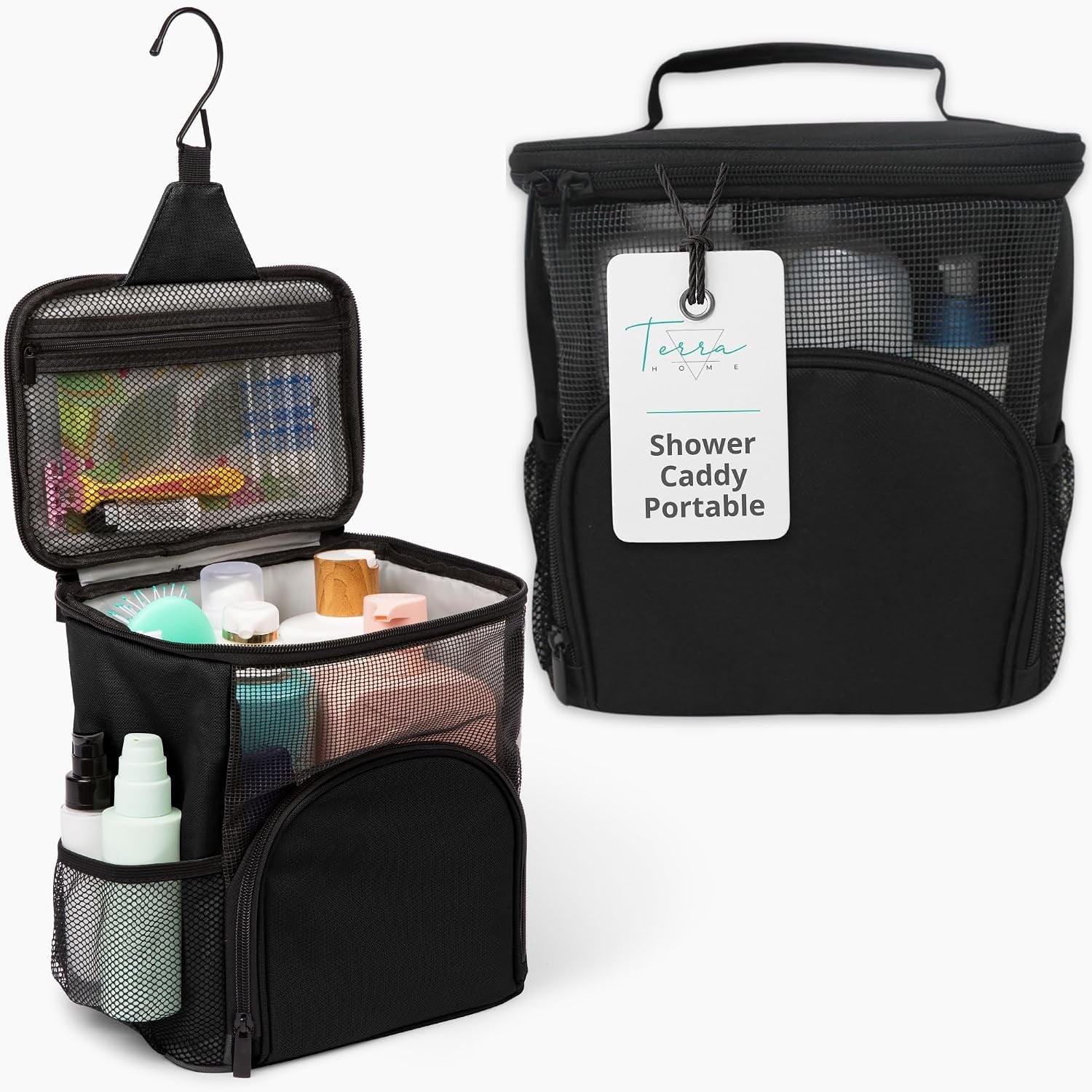 original-portable-shower-caddy-for-college-dorms-foldable-mesh-tote-dorm-room-essentials-durable-hanging-travel-shower-bag-perfect-for-college-students-men-women-black