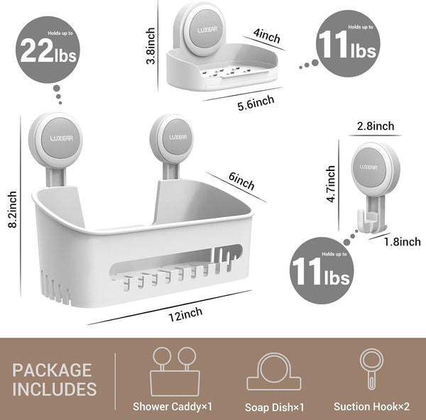 4 Pack Shower Caddy Set - Suction Cup Shower Shelf+Soap Dish+Hooks - 1 Sec Installation No-Drill Removable Powerful Waterproof Organizer for Bathroom/Kitchen/Rv 22LBS Capacity Removable2