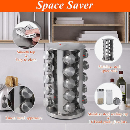 Revolving Spice Rack with 20 Jars, Rotating Spice Rack Organizer, Seasoning Organizer with Labels, Stainless Steel Spice Carousel for Kitchen Countertop, Cabinet2