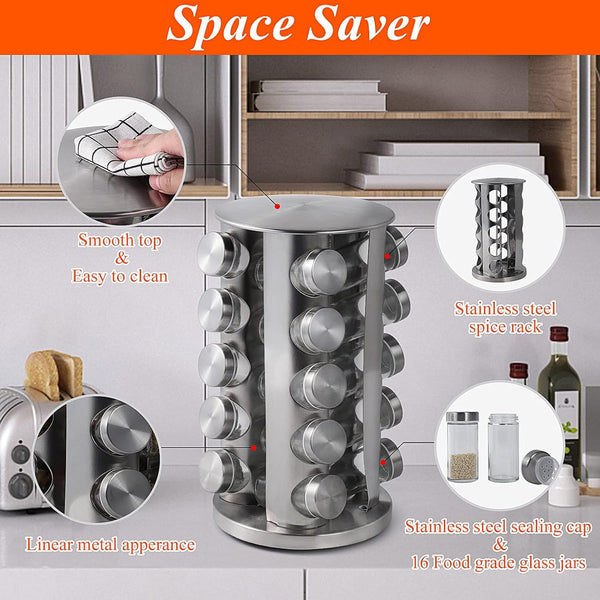 Revolving Spice Rack with 20 Jars, Rotating Spice Rack Organizer, Seasoning Organizer with Labels, Stainless Steel Spice Carousel for Kitchen Countertop, Cabinet2