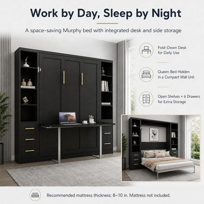 Queen Murphy Bed with Storage, Integrated Desk, Side Cabinets and Drawers3