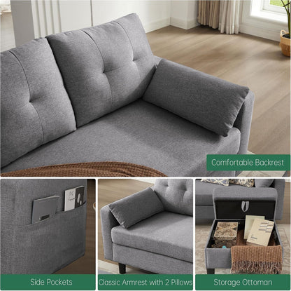 Convertible Sectional Sofa Couch, 101" U Shaped Couch with Storage Chaise and Side Pocket, Modern Polyester 4-Seat Reversible Sofa Set for Living Room, Light Grey3