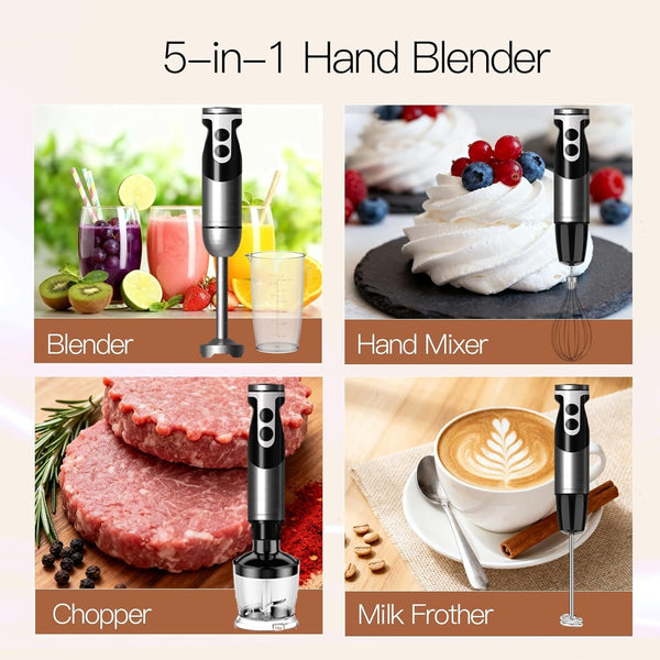 Pro Titanium Reinforced 5-In-1 Immersion Hand Blender, Powerful Motor with 80% Sharper Blades, 12-Speed Corded Blender, Including 500Ml Chopper, 600Ml Beaker, Whisk and Milk Frother (Black)3