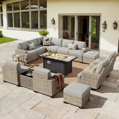 Outdoor Sectional Patio Furniture Set with Fire Pit Table,15 Pieces Wicker Conversation Sets L Shaped Couch,Extra Deep Out Door Sofa outside Furniture with Swivel Chairs Ottoman,Charcoal Gray1