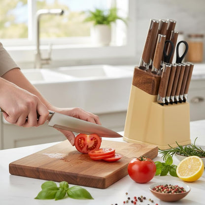 13-Piece Kitchen Knife Set with Block and 6 Steak Knives (Brown) | Dishwasher-Safe Stainless Steel Knives, Soft-Touch Handles, Bottle-Opener Shears and a Drain-Hole Storage Block5