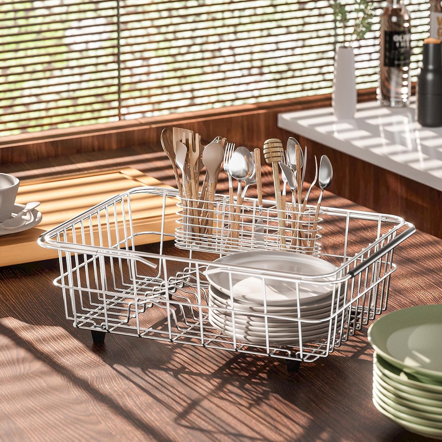 304-stainless-steel-utensil-holder-dish-drying-rack-kitchen-utensil-organizer-knife-and-fork-drainage-rack-kitchen-drainage-basket-accessories-with-hooks-rust-proof-color-silver