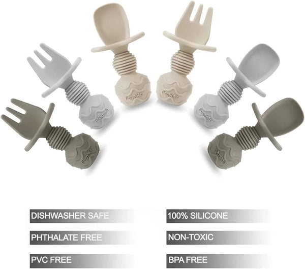 6 Pack Silicone Baby Spoons and Fork Feeding Set- Anti-Choke First Self Feeding Utensils for Baby Led Weaning Ages 3 Months (Tan,Walnut&Grey)5