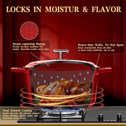 Enameled Cast Iron Dutch Oven - 5 Quart, Crab Lid (Patented), Oversized Knob, for Bread Baking Braiser, Cooking Stock Pot - Red5