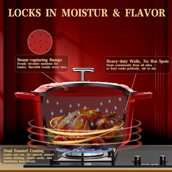 Enameled Cast Iron Dutch Oven - 5 Quart, Crab Lid (Patented), Oversized Knob, for Bread Baking Braiser, Cooking Stock Pot - Red5