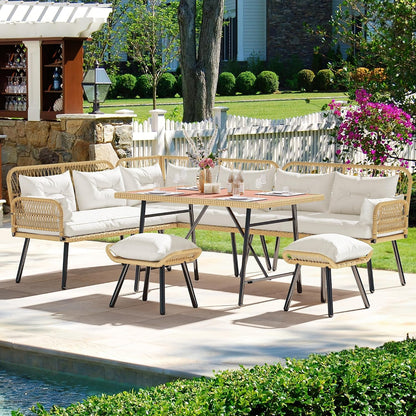 L-Shaped Rattan Patio Furniture Set Light Brown Beige4