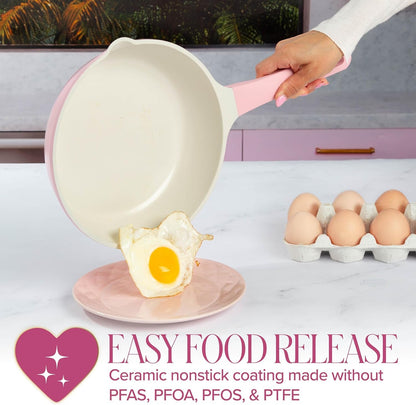 Ceramic Cast Aluminum Nonstick Fry Pan, Fast & Even Heating with Easy Pour Spouts & Comfort-Grip Handle, 9.5-Inch, Pink2