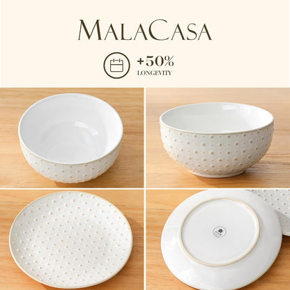 16 Pieces Dinnerware Set, Farmhouse Style Stoneware Plates and Bowls Sets for 4, Embossed Boho Ceramic Dish Set with Mugs, Microwave & Dishwasher Safe, Series LYDIA9