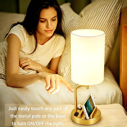 Touch Control USB Table Lamp with USB C/A & AC Outlet, 3-Way Dimmable Bedside Lamp, Modern Nightstand Lamps for Bedroom Living Room Guest Room Office, Bulb Included, Gold5