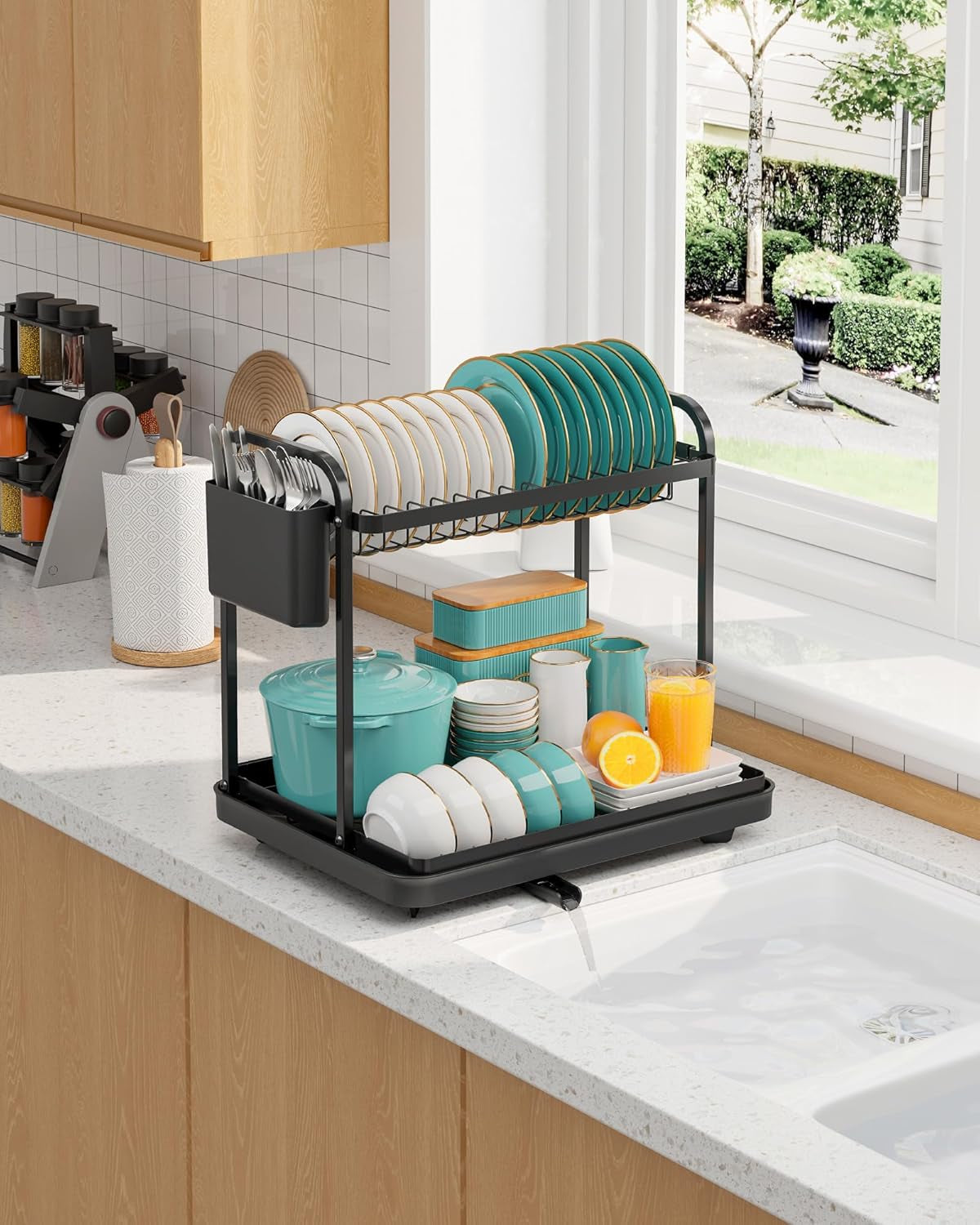 2-tier-dish-drying-rack-stainless-steel-dish-rack-with-cutlery-utensil-holders-for-kitchen-counter-sink-organization-and-storage-for-small-family-15-w-x-11-4-l-x-15-h-black
