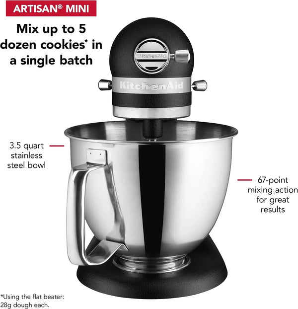 Kitchenaid Artisan Mini, 3.5-Qt Tilt Head Stand Mixer, Cast Iron Black | 3.5 Quart Capacity for Smaller Batches, Add Ingredients with Tilt-Head Design, 10 Speeds, 3 Accessories, Model KSM3316XBK3