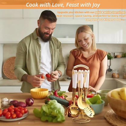 Stainless Steel Gold Kitchen Utensils Set with Holder, 7Pcs White2
