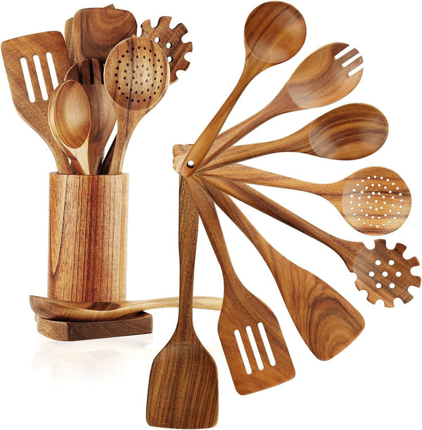 Wooden Spoons for Cooking, 10 Pcs Teak Wooden Cooking Utensil Set with Holder, Wooden Kitchen Utensils Set for Nonstick Pans & Cookware1