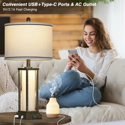 27Inch Tall Bedside Table Lamps with Charging Ports for Living Room,Traditional Lamp with Night Light for Bedroom Nightstand,Single Bronze3