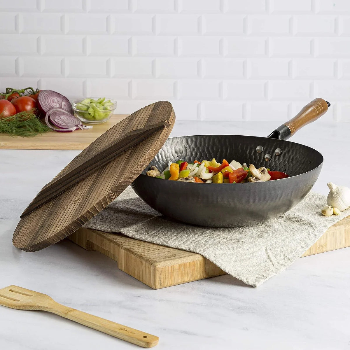 hammered-carbon-steel-13-inch-wok-pan-with-lid-black-non-stick-compatible-with-most-cooktops