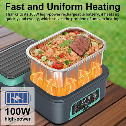 Cordless Electric Heated Lunch Box, 1.5L - 6.3 Cups 100W Rechargeable Smart Self-Heating Food Warmer with Removable Divider, Spoon, Fork, BPA Free, Portable Lunchbox for Car Travel Office Lake Green4