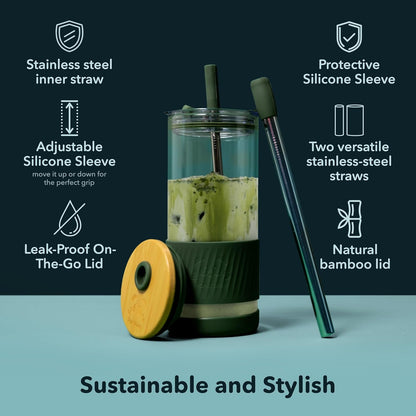 ® Glass Cups with Lids and Straws -20 Fl Oz- Perfect Size Iced Coffee Cup - Smoothie Cup with Bamboo Lid and on the Go Lid - Glass Tumbler with Straw (1 Count (Pack of 1), Lilac Rhapsody)3