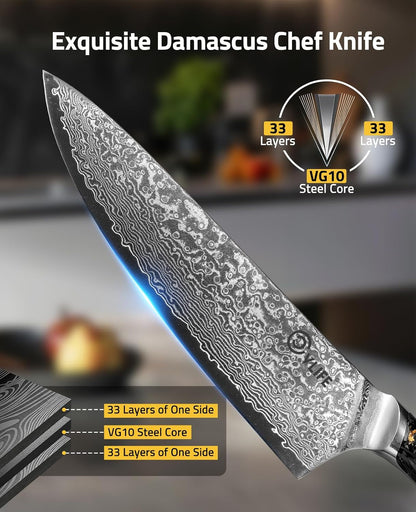 Chef Knife, 8" Damascus Steel Knife with High Carbon 10Cr15Mov Core3