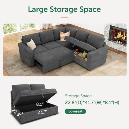 Modular Sectional Sleeper Sofa with Pull Out Bed, Corduroy L Shaped Couch with Storage Seats, Convertible Sectional Couches for Living Room, Dark Grey3