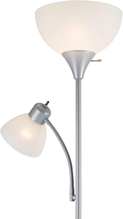 67134 72" Torchiere Floor Lamp and Adjustable Reading Light, Silver, Frosted Shade, Dual Rotary Switch, 3-Step Dimming, Modern Lighting for Living Room or Office, Timeless6