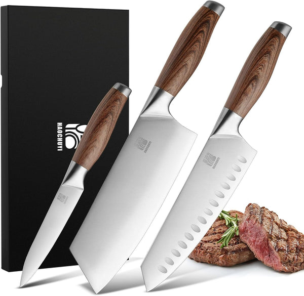 3-Piece Professional Chef Knife Set - Ultra-Sharp Kitchen Knives with Ergonomic Steel Handle, Ideal for Home, Outdoor, Camping, BBQ, and Gifts for Men1