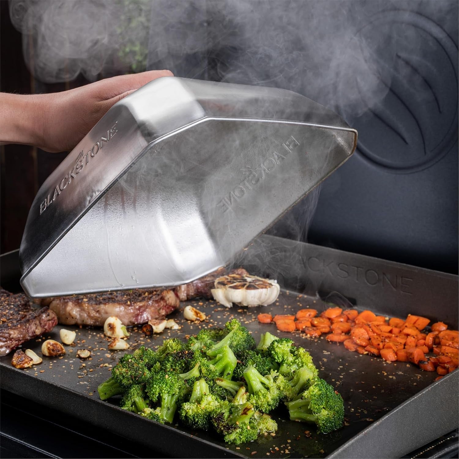 blackstone®-stainless-steel-basting-cover-medium-square-blackstone®-5555-durable-heat-resistant-handle-dishwasher-safe-for-steaming-veggies-melting-cheese-more