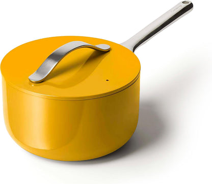 Caraway Non-Stick 3 Qt Ceramic Sauce Pan with Lid | Non-Toxic, PTFE and PFOA Free, Oven Safe and Compatible with All Stovetops (Gas, Electric and Induction), Marigold1