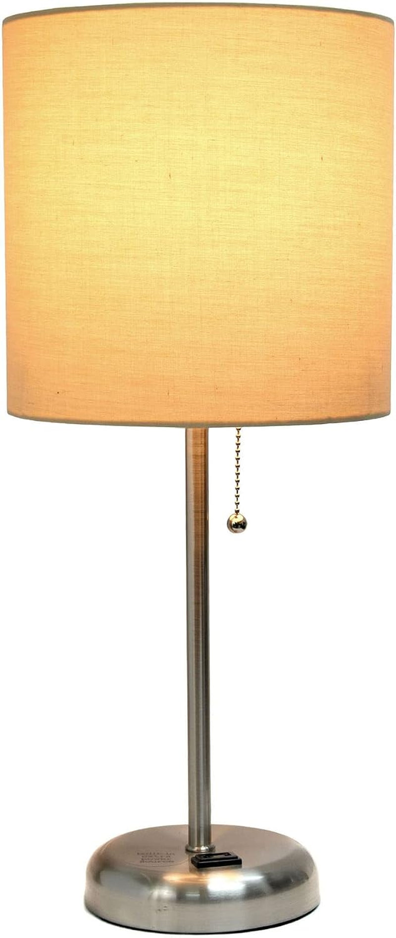 oslo-19-5-contemporary-bedside-power-outlet-base-standard-metal-table-desk-lamp-in-brushed-steel-with-tan-drum-fabric-shade