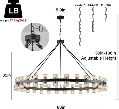 60 Inch Black Wagon Wheel Chandelier with Crystal Shade, 60-Light Large round Modern Farmhouse Style, Ideal for High Ceiling, Dining Room, Kitchen, Entryways, Foyer2